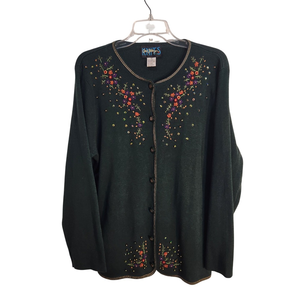 Vintage Women's 90s Forest Green Floral Embroidered Sequin Cardigan Medium